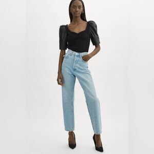 Lamarque || Kira Puff Sleeve Sweetheart‎ Top Lamb Leather Black Medium NWT